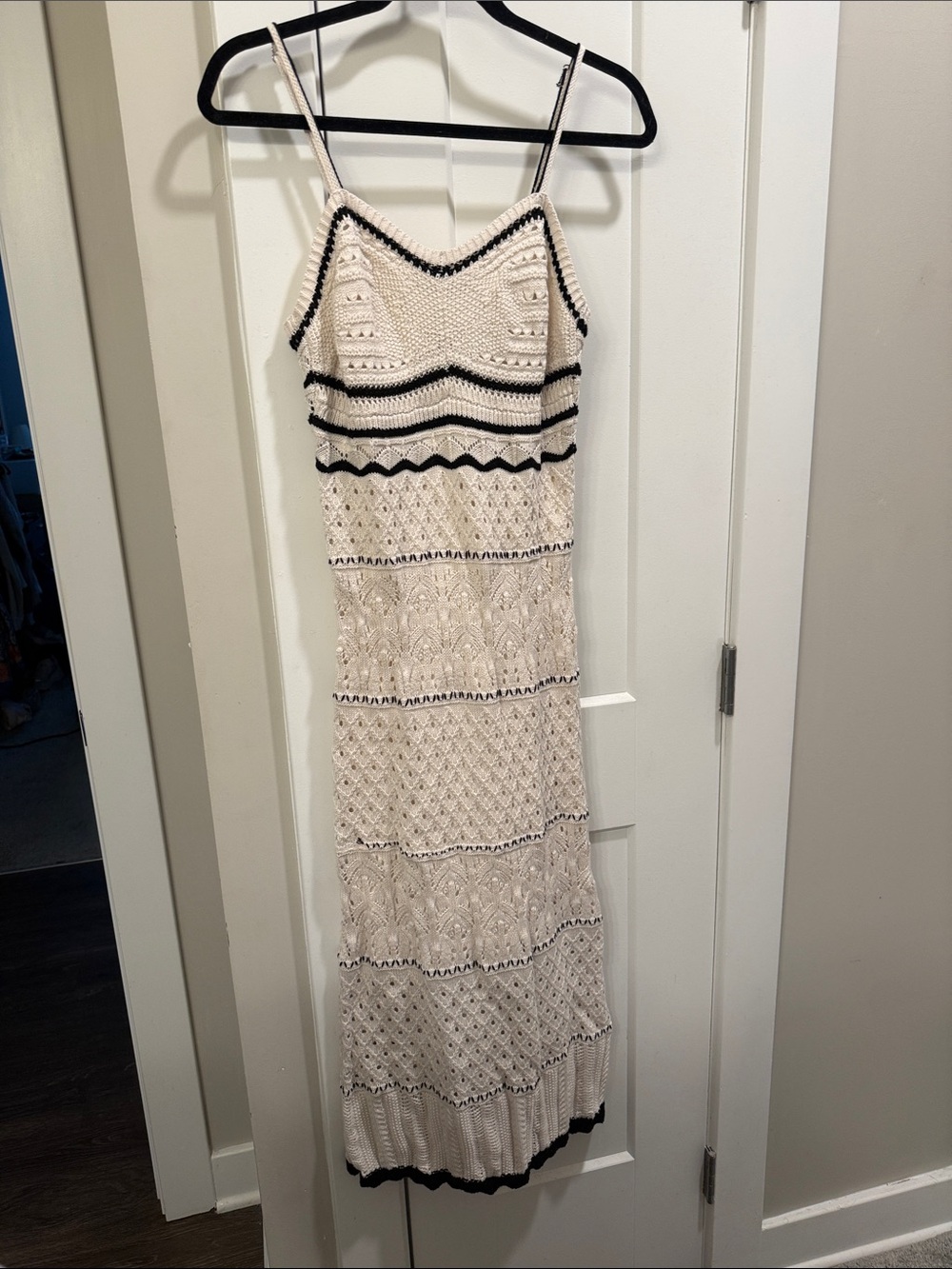 Lucky Brand Cream Maxi Crochet Dress with Black Trim